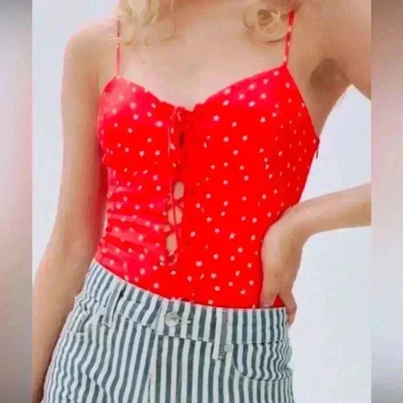 Zara Tops - Zara Women's Red White Satin Effect Star Bodysuit Size M